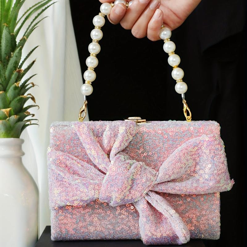 Sequins Evening Handbag Glitter Bowknot Clutch Purse Faux Pearl Handle