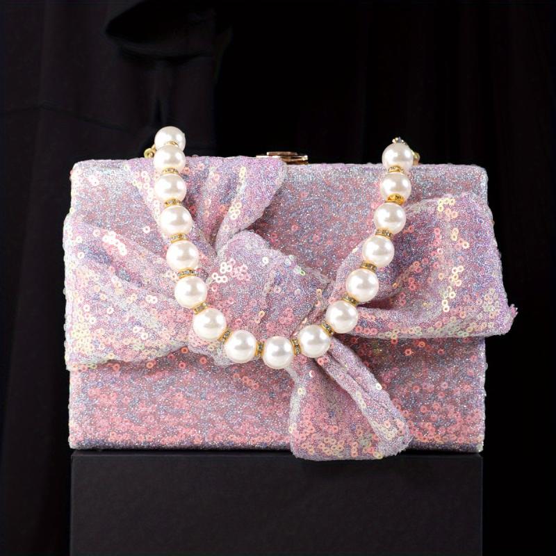 Sequins Evening Handbag Glitter Bowknot Clutch Purse Faux Pearl Handle