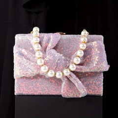 Sequins Evening Handbag Glitter Bowknot Clutch Purse Faux Pearl Handle