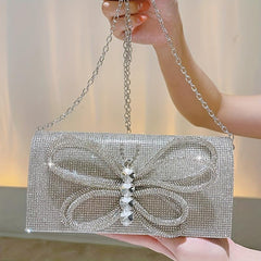 Rhinestone Butterfly Chain Clutch Bag Elegant PU Frame Evening Bag
