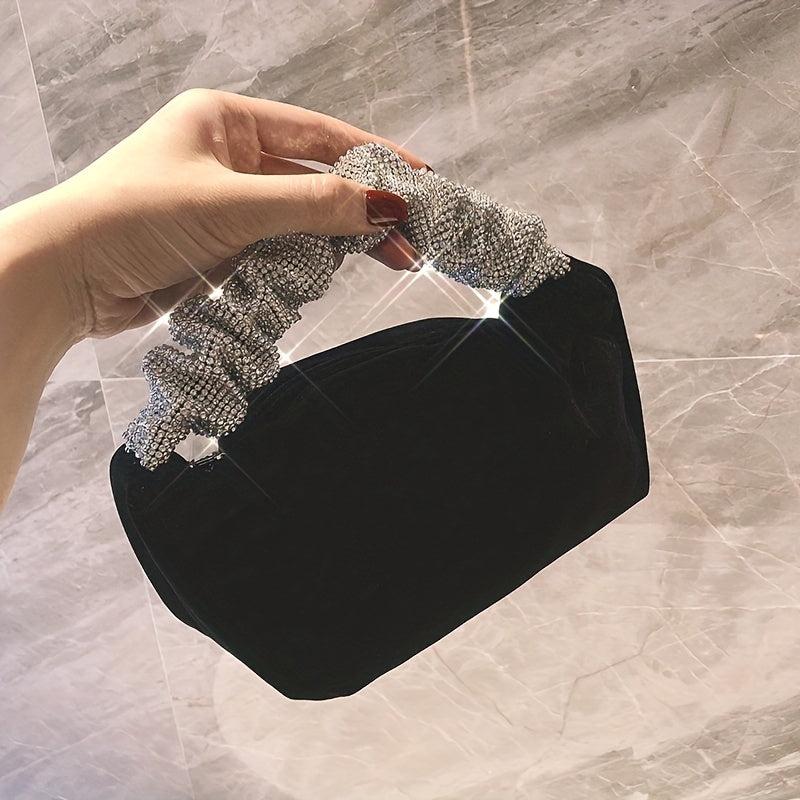Velvet Evening Bag Rhinestone Ruched Handle Purse Glitter Handbags