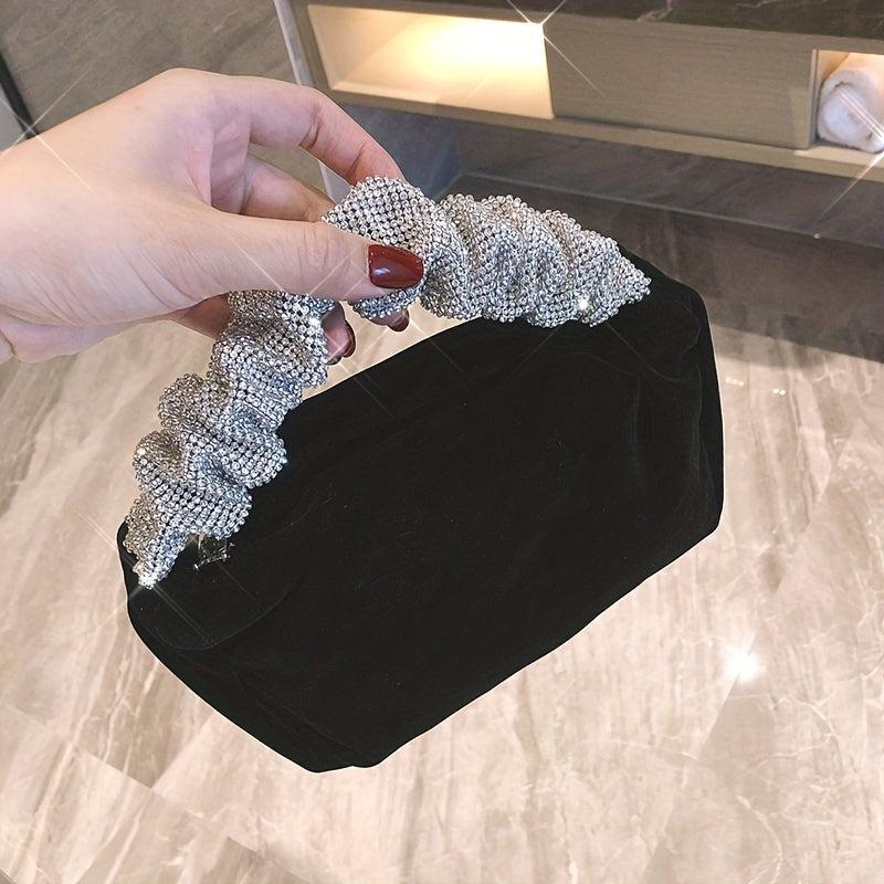 Velvet Evening Bag Rhinestone Ruched Handle Purse Glitter Handbags