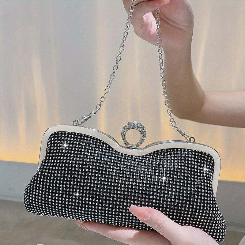 Rhinestone Glitter Chain Clutch Bag Textured PU Frame Elegant Evening Bag