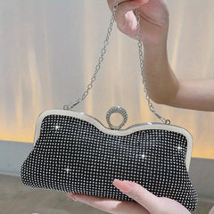 Rhinestone Glitter Chain Clutch Bag Textured PU Frame Elegant Evening Bag