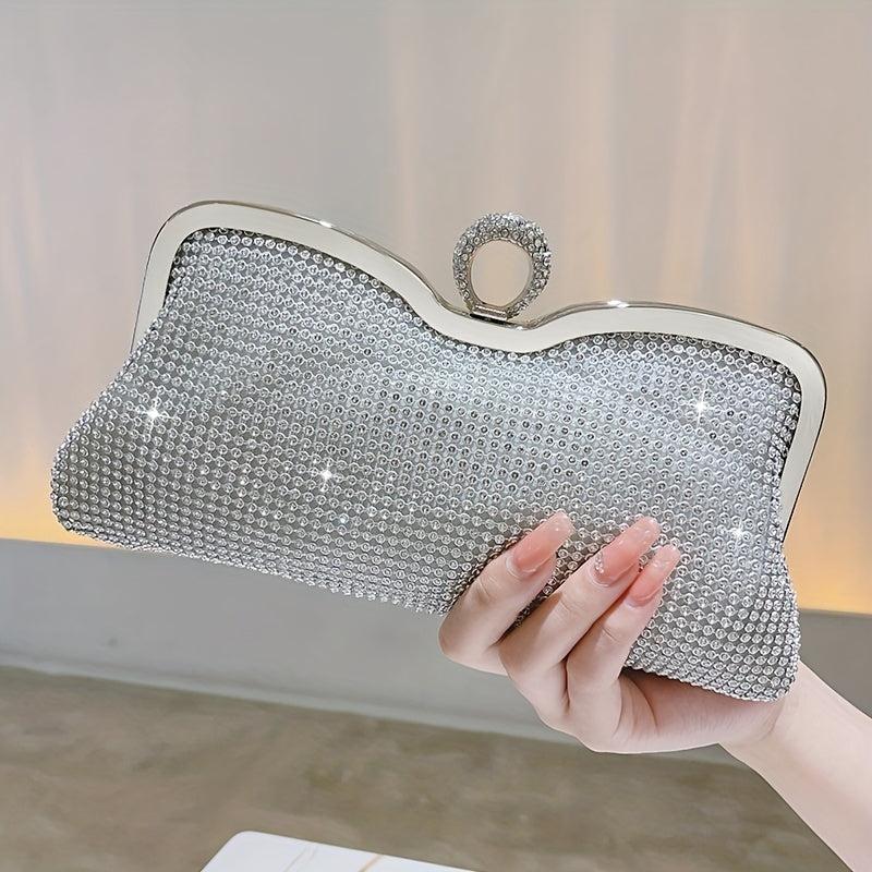 Rhinestone Glitter Chain Clutch Bag Textured PU Frame Elegant Evening Bag