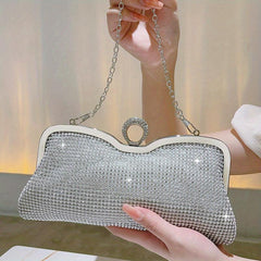 Rhinestone Glitter Chain Clutch Bag Textured PU Frame Elegant Evening Bag