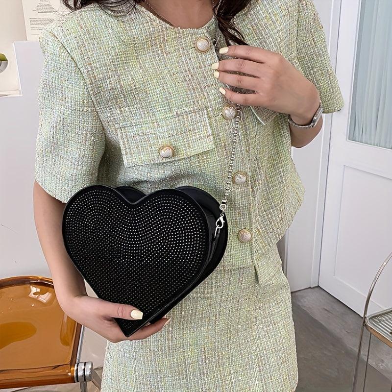 Heart Shaped Rhinestone Evening Bag Chain Crossbody Glitter Love Purse