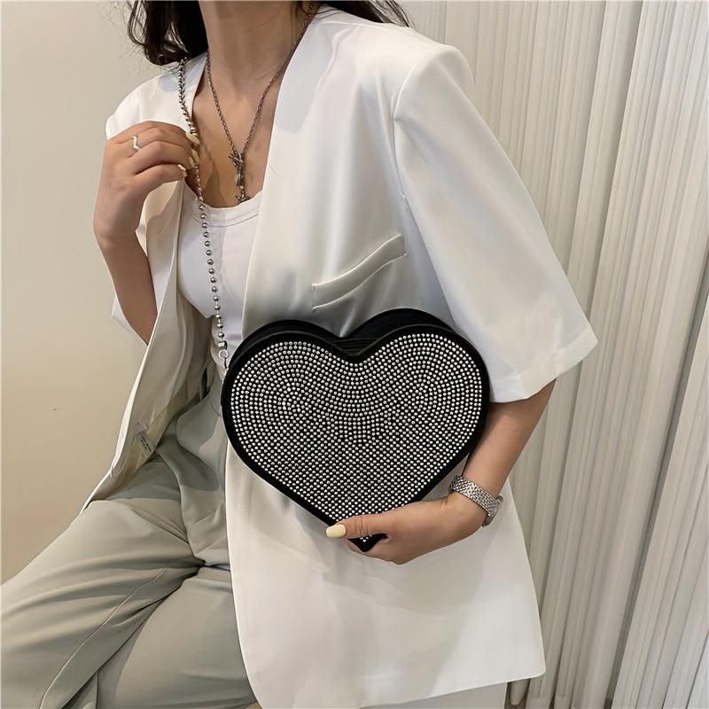 Heart Shaped Rhinestone Evening Bag Chain Crossbody Glitter Love Purse