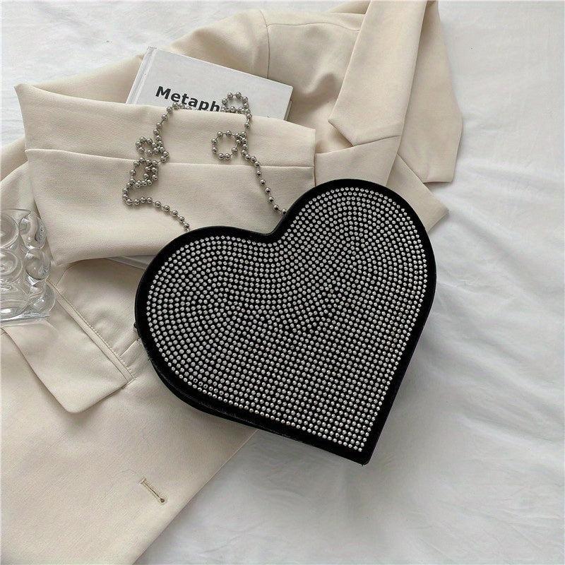 Heart Shaped Rhinestone Evening Bag Chain Crossbody Glitter Love Purse