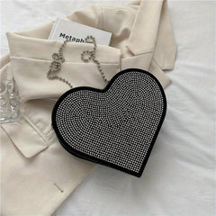 Heart Shaped Rhinestone Evening Bag Chain Crossbody Glitter Love Purse