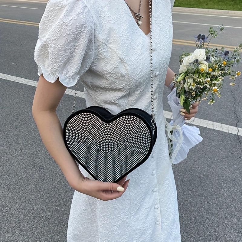 Heart Shaped Rhinestone Evening Bag Chain Crossbody Glitter Love Purse