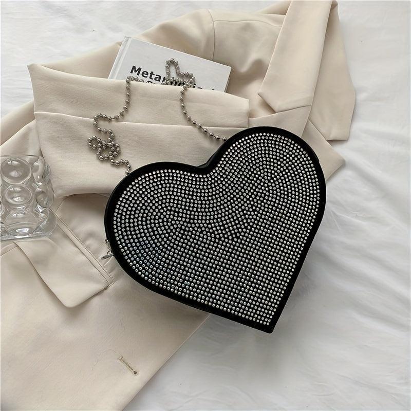 Heart Shaped Rhinestone Evening Bag Chain Crossbody Glitter Love Purse