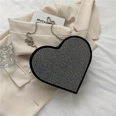 Heart Shaped Rhinestone Evening Bag Chain Crossbody Glitter Love Purse