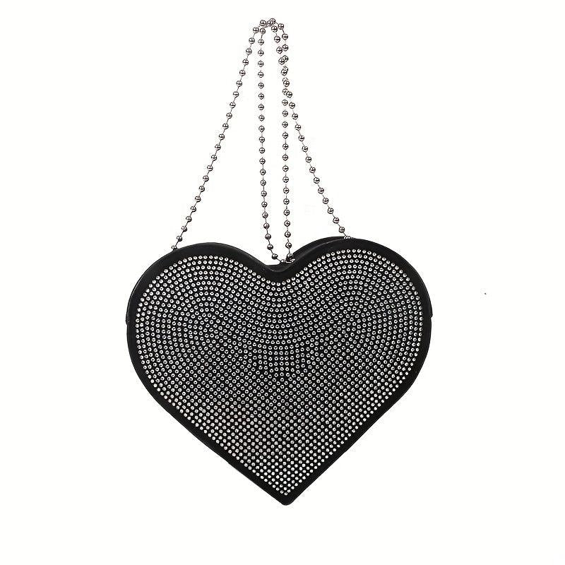 Heart Shaped Rhinestone Evening Bag Chain Crossbody Glitter Love Purse