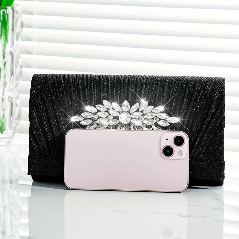 Pleated Rhinestone Glitter Clutch Sparkly Evening Bag