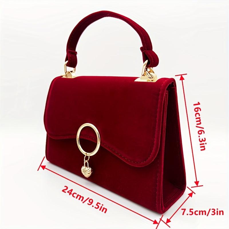 Heart Decor Velvet Flap Square Bag Wedding Handbag Women's Top Handle Purses