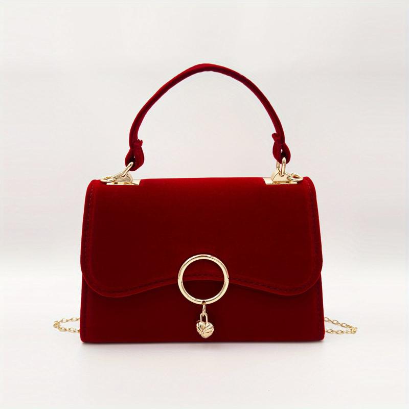 Heart Decor Velvet Flap Square Bag Wedding Handbag Women's Top Handle Purses