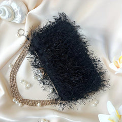Feather Tassel Evening Bag Metal Chain Handbag