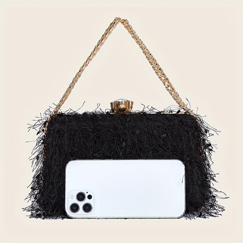 Feather Tassel Evening Bag Metal Chain Handbag