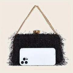 Feather Tassel Evening Bag Metal Chain Handbag