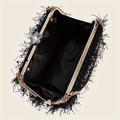 Feather Tassel Evening Bag Metal Chain Handbag
