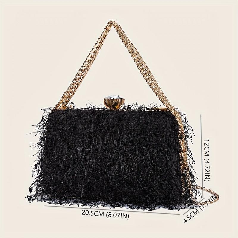 Feather Tassel Evening Bag Metal Chain Handbag