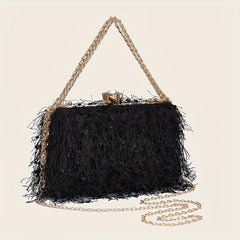 Feather Tassel Evening Bag Metal Chain Handbag