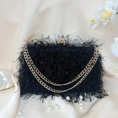 Feather Tassel Evening Bag Metal Chain Handbag