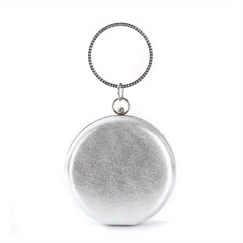 Faux Crystal Rhinestone Ring Handle Wristlet Handbag Solid Evening Bag