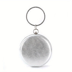 Faux Crystal Rhinestone Ring Handle Wristlet Handbag Solid Evening Bag