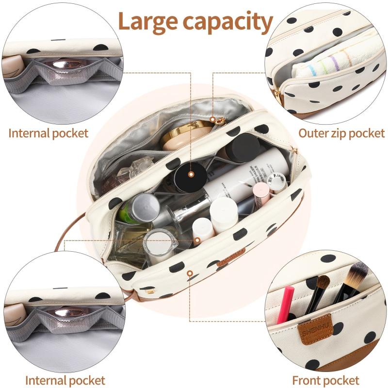 Dot Print Canvas Cosmetic Bag Double Layer Travel Storage Bag