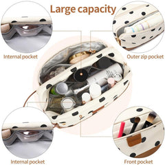 Dot Print Canvas Cosmetic Bag Double Layer Travel Storage Bag