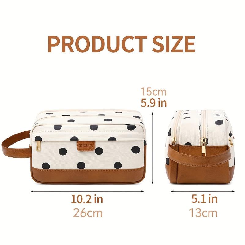 Dot Print Canvas Cosmetic Bag Double Layer Travel Storage Bag