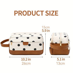 Dot Print Canvas Cosmetic Bag Double Layer Travel Storage Bag