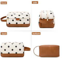 Dot Print Canvas Cosmetic Bag Double Layer Travel Storage Bag