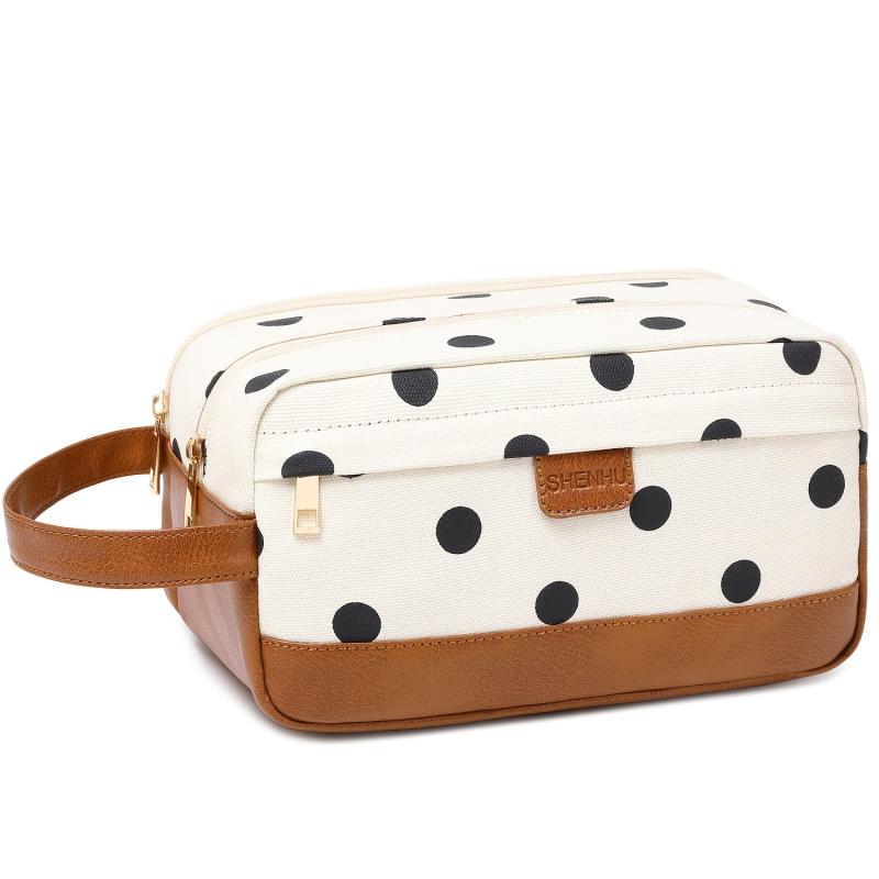 Dot Print Canvas Cosmetic Bag Double Layer Travel Storage Bag