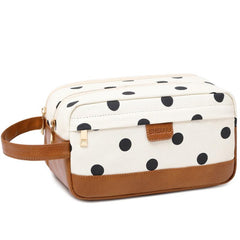 Dot Print Canvas Cosmetic Bag Double Layer Travel Storage Bag