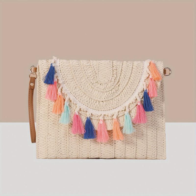 Boho Style Woven Clutch Bag with Colorful Tassel Flap Purse
