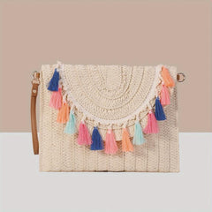 Boho Style Woven Clutch Bag with Colorful Tassel Flap Purse