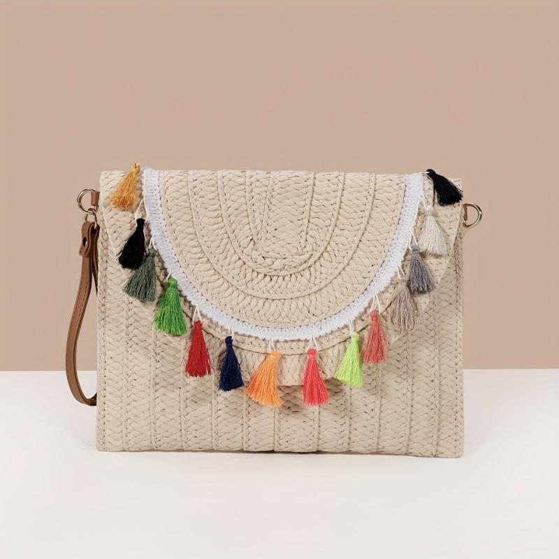 Boho Style Woven Clutch Bag with Colorful Tassel Flap Purse