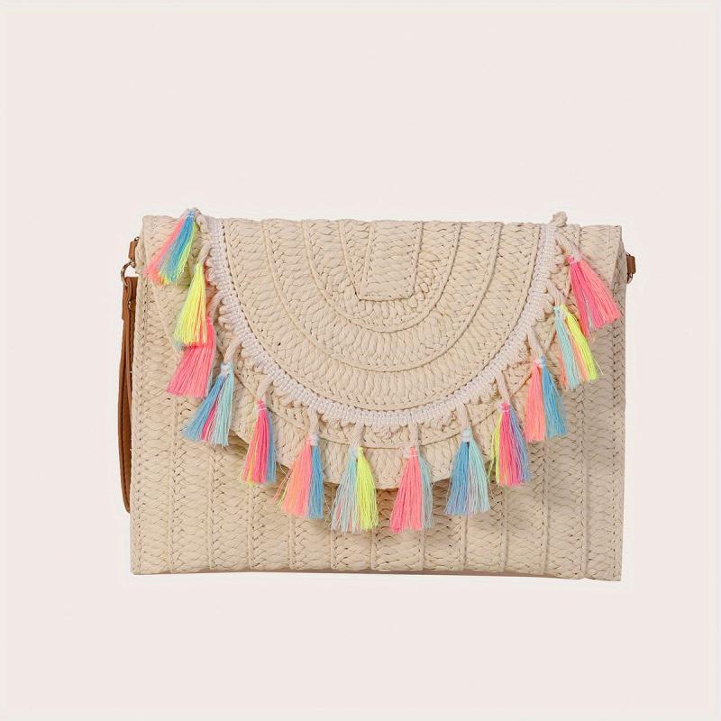 Boho Style Woven Clutch Bag with Colorful Tassel Flap Purse