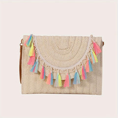 Boho Style Woven Clutch Bag with Colorful Tassel Flap Purse