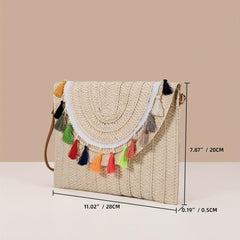 Boho Style Woven Clutch Bag with Colorful Tassel Flap Purse