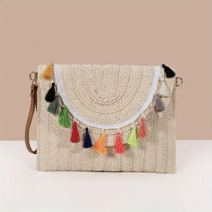 Boho Style Woven Clutch Bag with Colorful Tassel Flap Purse