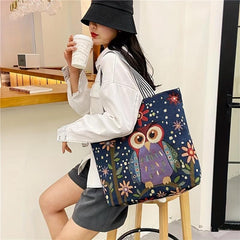Vintage Elephant Embroidery Tote Bag Canvas Shopping Shoulder Bag