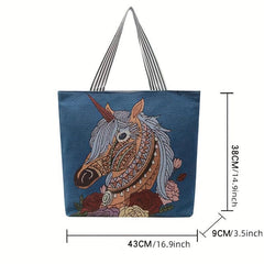 Vintage Elephant Embroidery Tote Bag Canvas Shopping Shoulder Bag