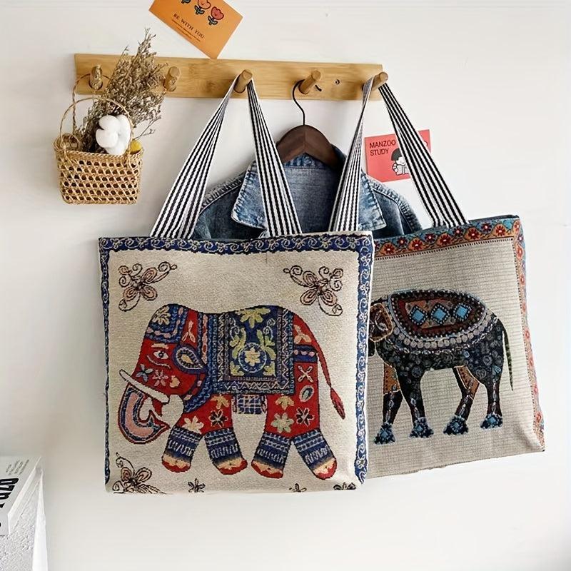 Vintage Elephant Embroidery Tote Bag Canvas Shopping Shoulder Bag