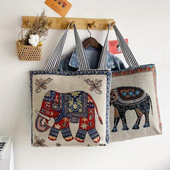 Vintage Elephant Embroidery Tote Bag Canvas Shopping Shoulder Bag