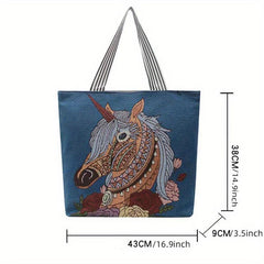 Vintage Elephant Embroidery Tote Bag Canvas Shopping Shoulder Bag