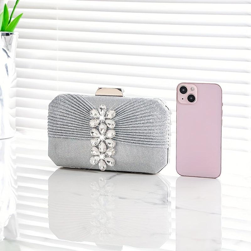 Pleated Rhinestone Glitter Kiss Lock Chain Clutch Evening Bag